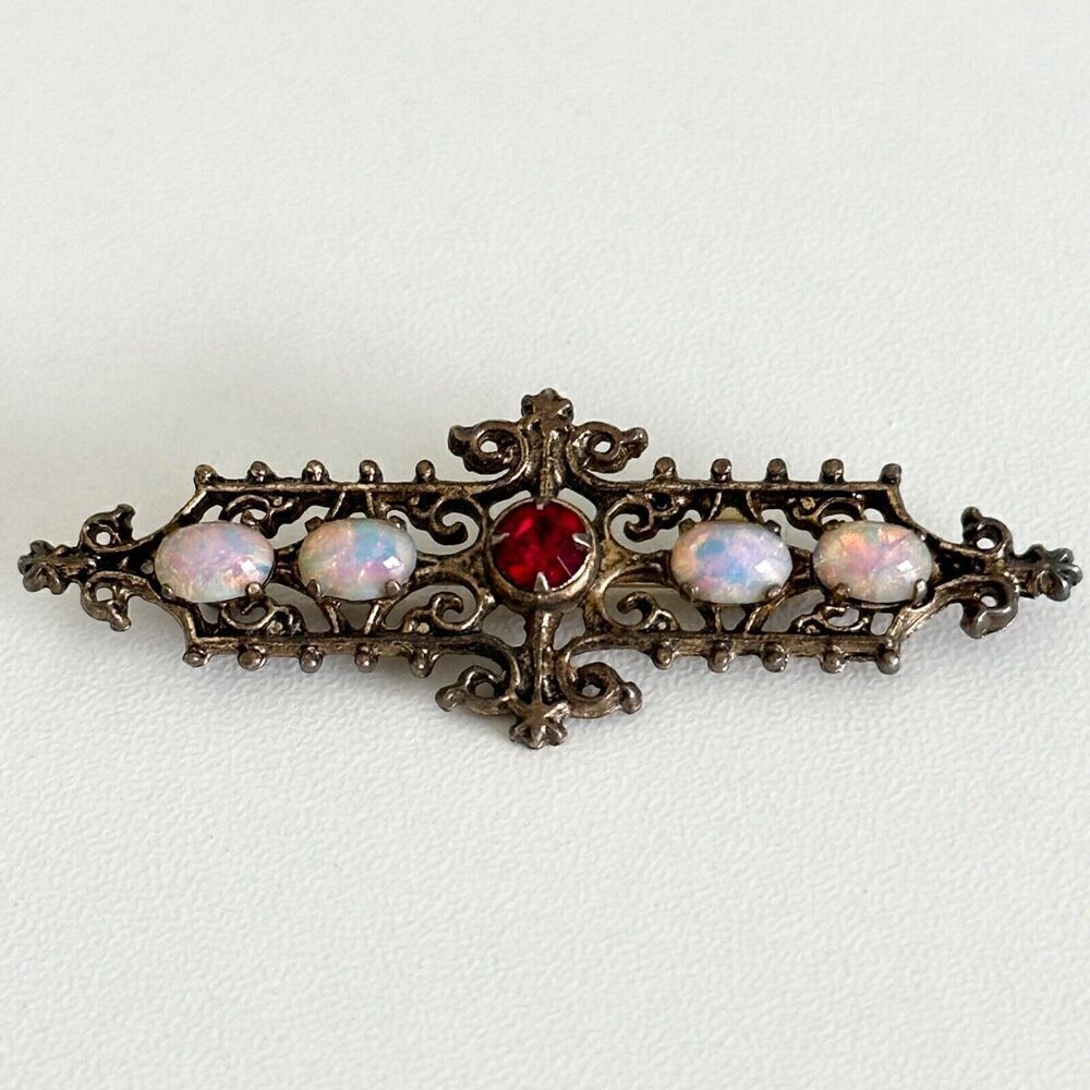 Vintage Sarah Coventry 925 Sterling Silver Faux Ruby Opal Bar Rare Brooch Pin